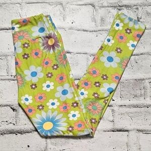 LulaRoe Tween Green with Bright Flower Print Leggings. NWOT
